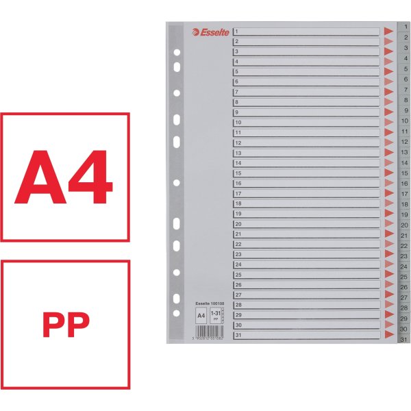 Esselte register A4, 1-31, plast, grå