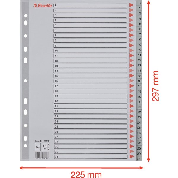 Esselte register A4, 1-31, plast, grå