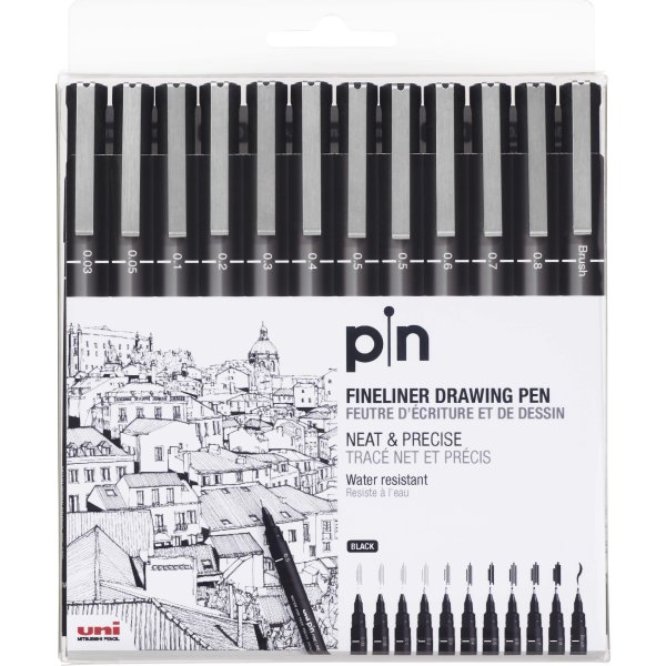 Uni Pin Fineliner | 12 st | 0,03-0,8 mm | Svart
