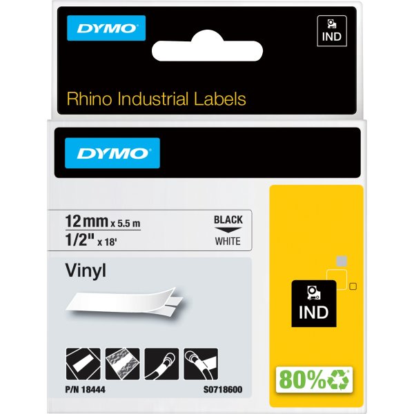 Dymo Rhino Vinyltape 12mm, svart på vit