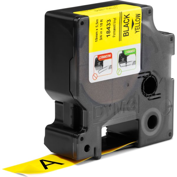 Dymo Rhino Vinyltape 19mm, svart på gul