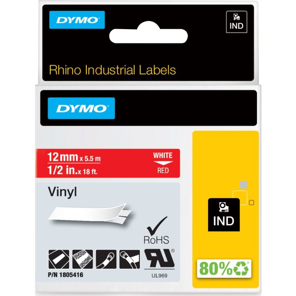 Dymo Rhino Vinyltape 12mm, vit på röd