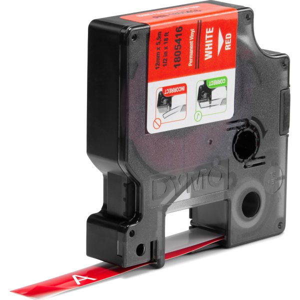 Dymo Rhino Vinyltape 12mm, vit på röd