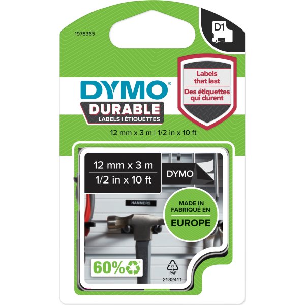 Dymo D1 Durable etikettape, 12 mm, vit på svart