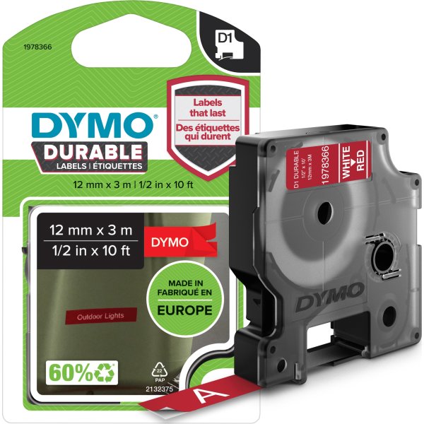 Dymo D1 Durable märktejp 12mm, vit på röd