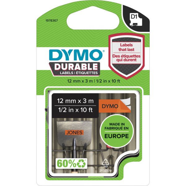 Dymo D1 Durable etikettband 12mm, svart på orange