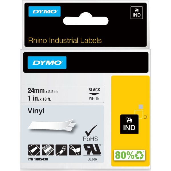 Dymo Rhino Vinyltape 24mm, svart på vit