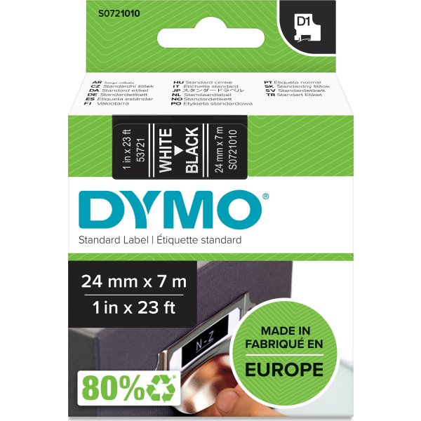 Dymo D1 märktejp 24 mm, vit på svart