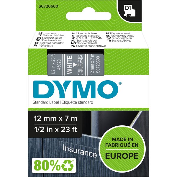 Dymo D1 etikettband 12mm, vit på klar