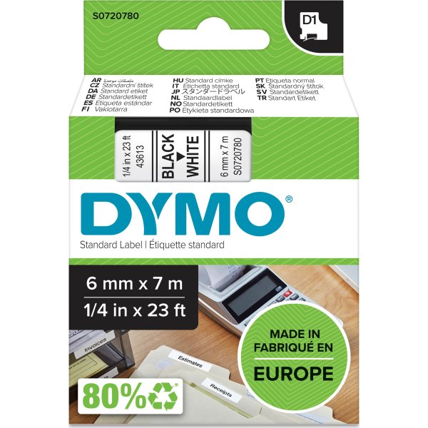 Dymo D1 etikettape 6mm, svart på vitt