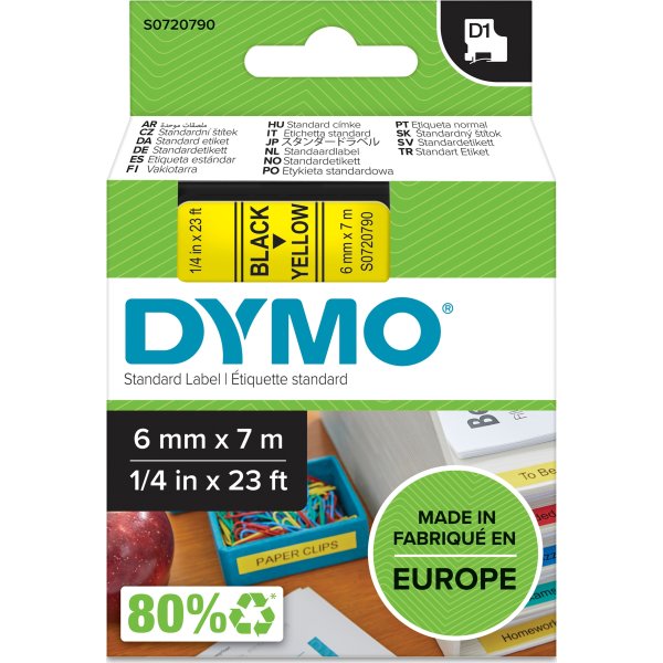 Dymo D1 märktejp 6mm, svart på gul