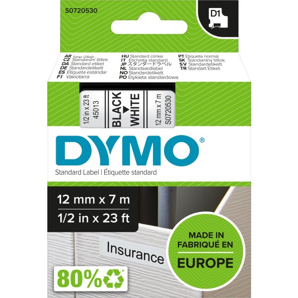 Dymo D1 etikettape, 12 mm, svart på vit