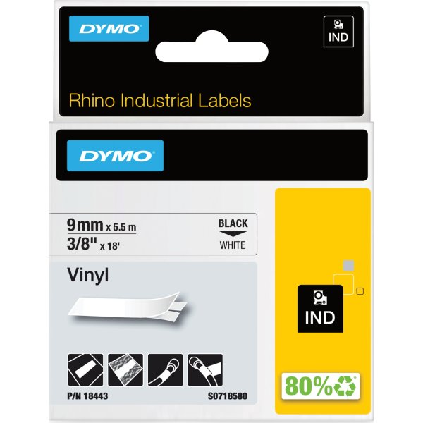 Dymo Rhino Vinyltape, 9 mm, svart på vit