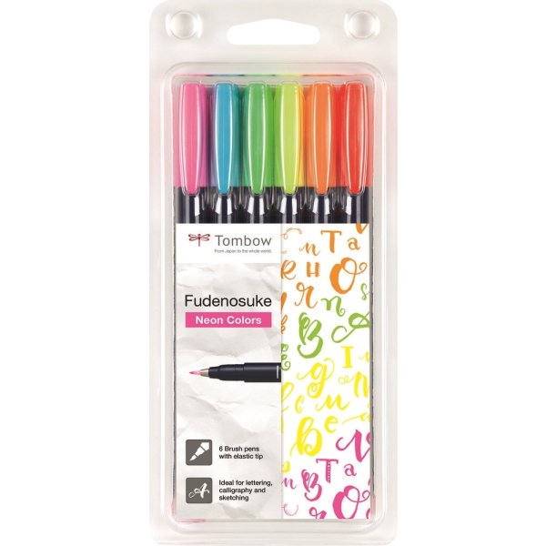 Tombow Fudenosuke penna | Hård neon | 6 st.