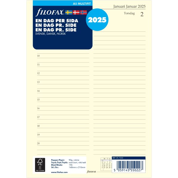 Filofax 2025 Refill, A5, Dag