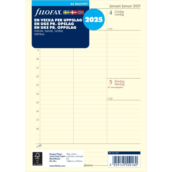 Filofax 2025 Refill, A5, Uge, Högformat