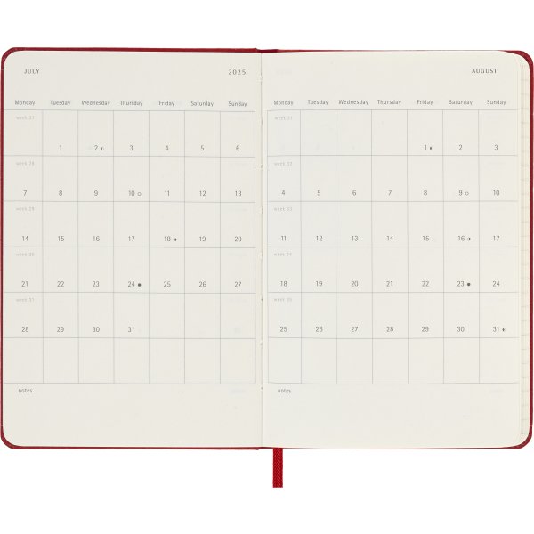 Moleskine 2025 Kalender, H, Dag, Poc., Röd