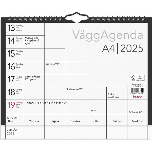 Burde 2025 Väggkalender, Väggagenda