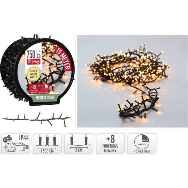 Cluster m/kabelrulle 750LED, 15M, extra varm vit