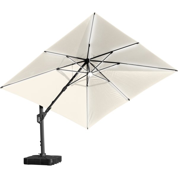 Hängparasoll 3,5x3,5m,fot,hjul,lock,LED,beige