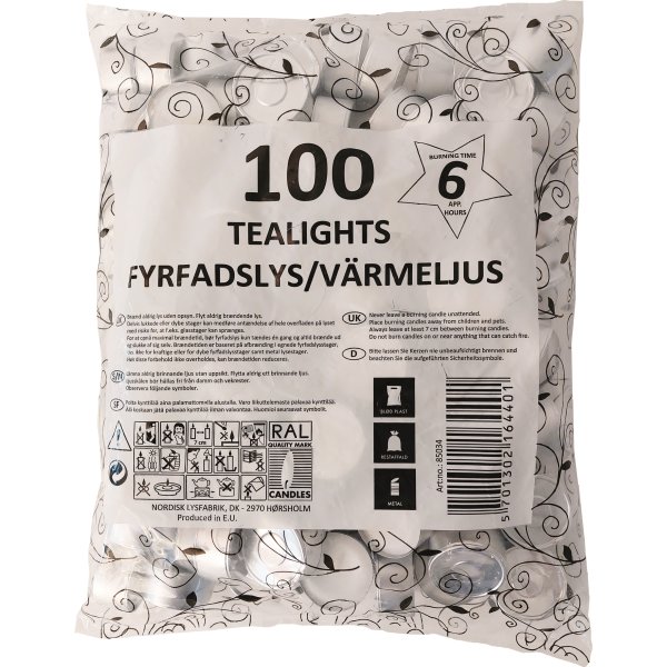 Värmeljus, paraffin, 6 timmar, vit, 100 st.