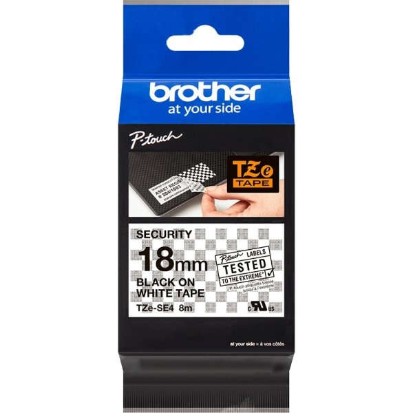 Brother TZe-SE4 etikettape, 18 mm, svart på vit