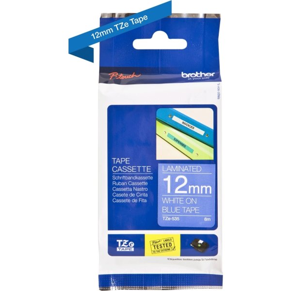 Brother TZe-535 etikettape, 12 mm, vit på blå