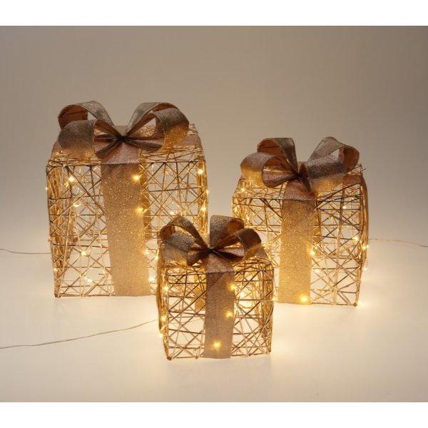 Presentask-set med LED, 3 st., champagneguld