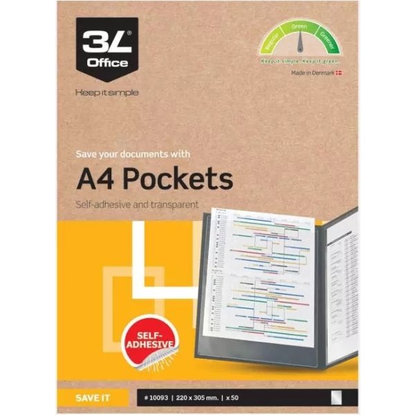 3L ficka A4, 220 x 305 mm, självhäftande, 50 st