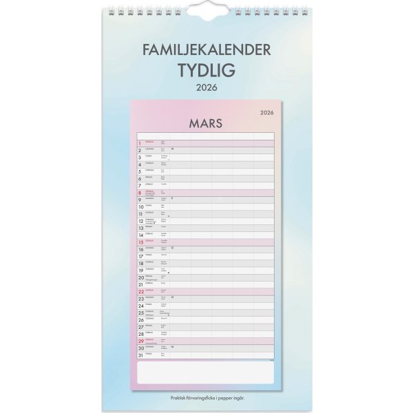 Burde 2026 Familjekalender, Tydlig
