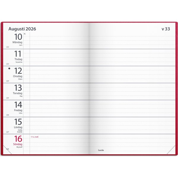 Burde 2026 Kalender, Fickagenda, Konstläder, Röd