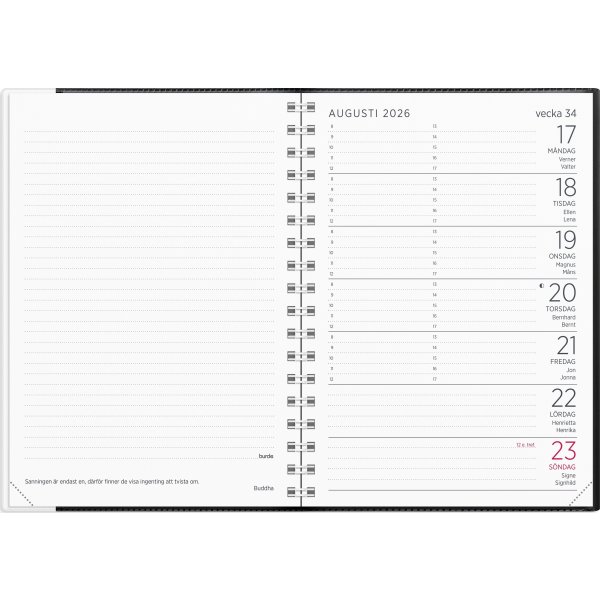 Burde 2026 Liten Veckokalender, Plast, Svart
