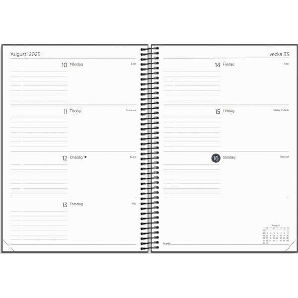 Burde 2026 Kalender Organizer &amp; Notes, Svart