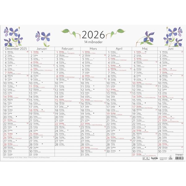 Burde 2026 Väggkalender 14-månaders väggblad