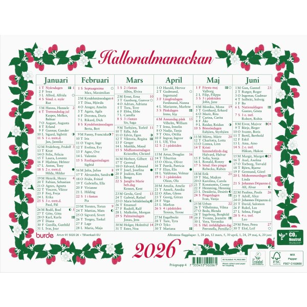 Burde 2026 Väggkalender, Lilla Hallonalmanackan