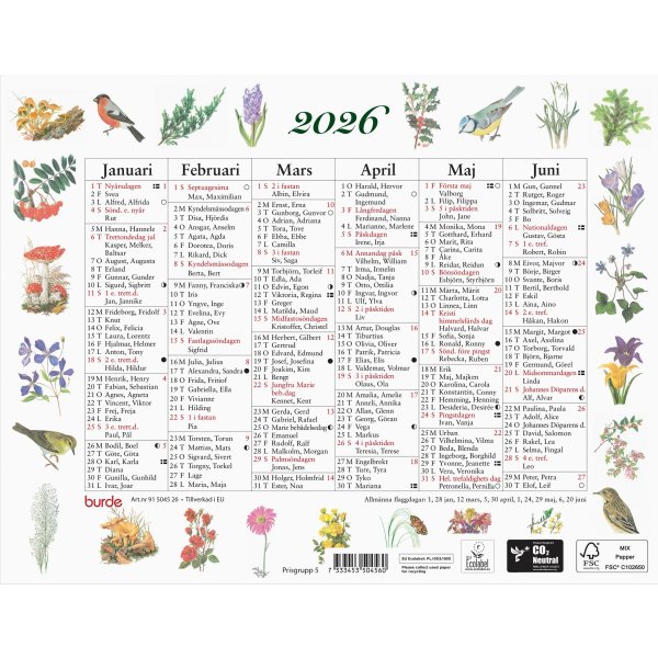 Burde 2026 Väggkalender, Lilla Naturalmanackan