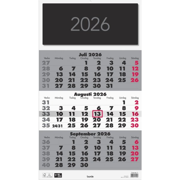 Burde 2026 Väggkalender Triplaner Elegant