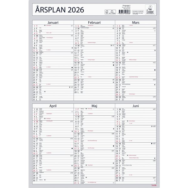 Burde 2026 Väggkalender, Årsplan