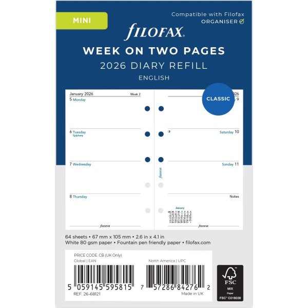 Filofax 2026 Refill | Mini | Vecka | Engelsk