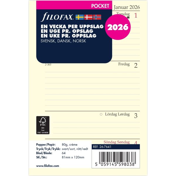 Filofax 2026 Refill | Pocket | Vecka per uppslag