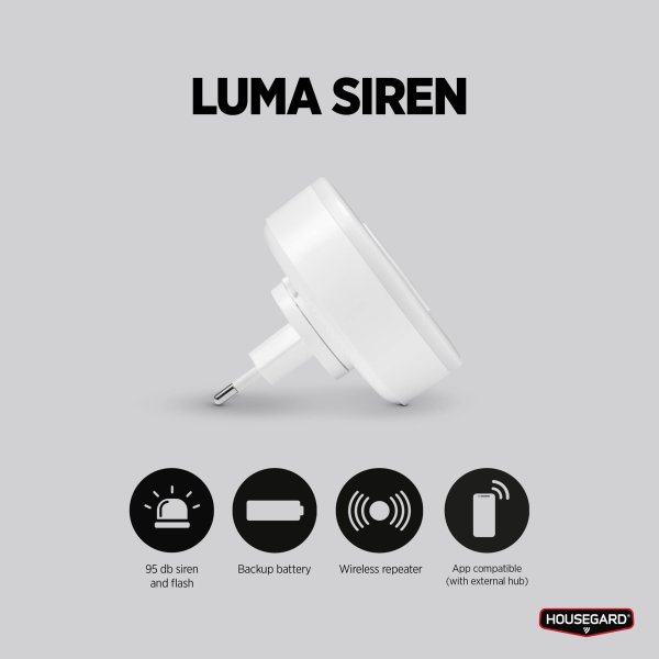 Housegard Luma, trådlös siren, 230V inkl. batteri
