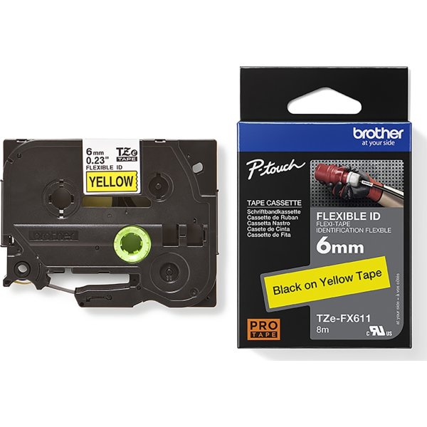 Brother TZe-FX611 labeltape 6mm, sort på gul