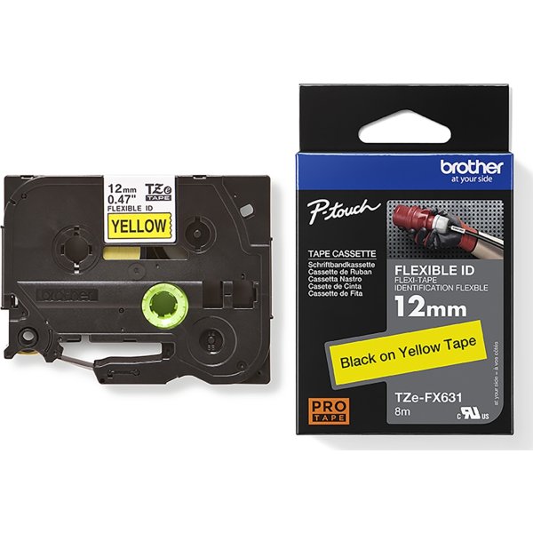 Brother TZe-FX631 labeltape 12mm, sort på gul
