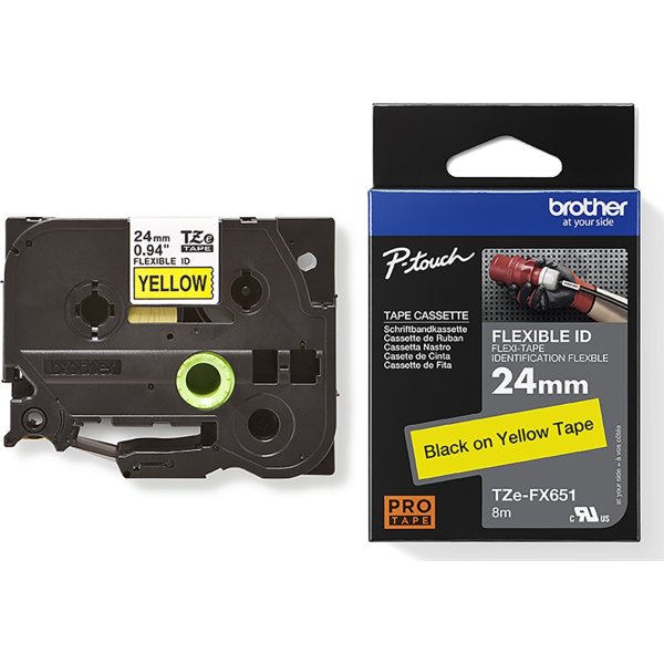 Brother TZe-FX651 etikettape, 24 mm, svart på gul