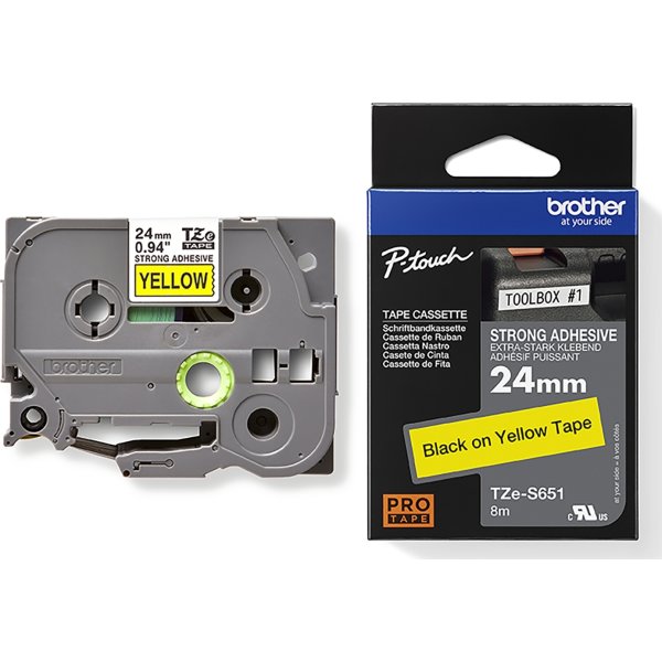 Brother TZe-S651 etikettape, 24 mm, svart på gul