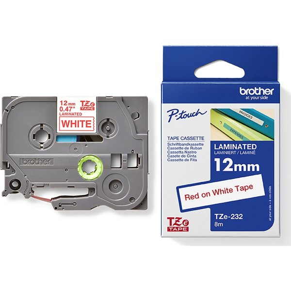 Brother TZe-232 etikettape, 12 mm, röd på vit