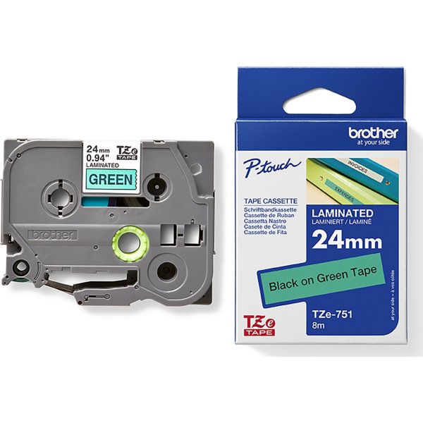 Brother TZe-751 labeltape 24mm, sort på grøn