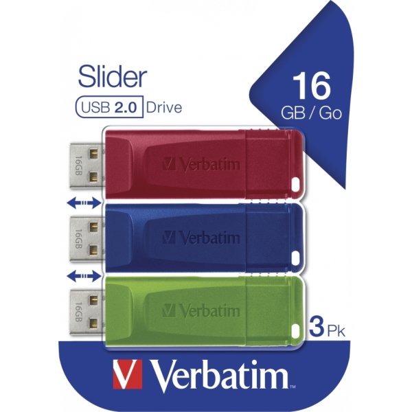 Verbatim USB-nyckel, 16GB, (3-pack), Röd/Blå/Grön