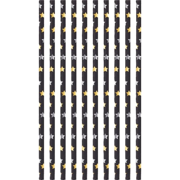 Sugrör, 10 st, papper, svart m. stjärnor