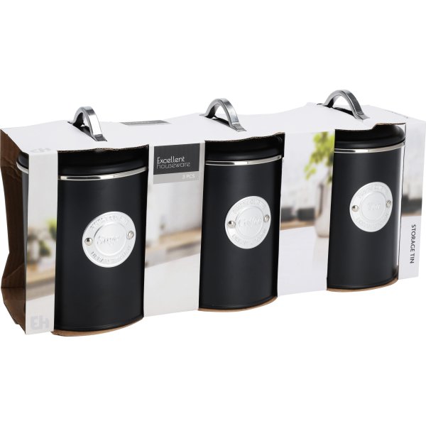 Förvaringsburkar för kaffe/te/socker, svart metall